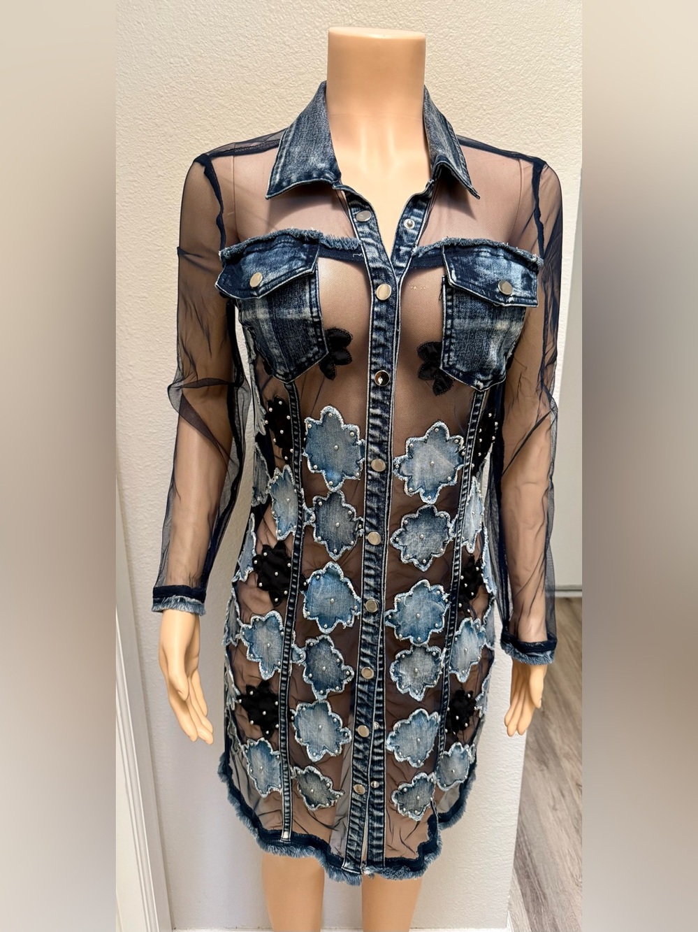 Adore Sheer Denim Appliqué Shirt Dress in Black and Distressed Blue